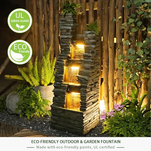 47 in High Water Fountain Outdoor Garden 3 Tier Cascading Large Outdoor Fountains and Waterfalls with LED Lights for Garden (Stone 47 Inch)