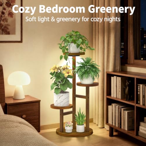 Wood Small Plant Stand Table Indoor Tall with Lights (Brown with Light / 3 Tier)