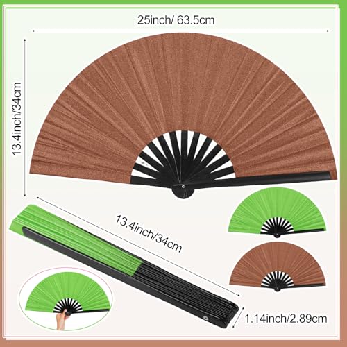 2 Packs Large Folding Hand Fans (Glitter Green and Brown)