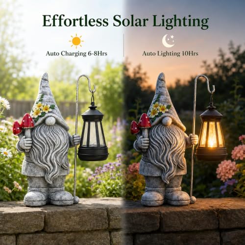 Garden Gnome Statue with Lantern (Mushroom Gnome)