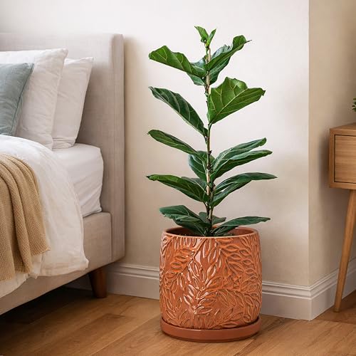 Embossed Leaves Ceramic Planter (10 Inch / Pumpkin)