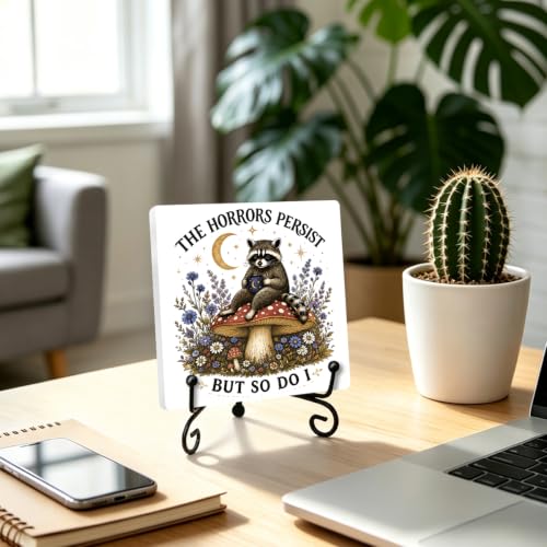 Funny Raccoon Wooden Plaque for Home Office Book Shelf Table Decor 02 (Multicolor 1743 / Wooden sign with iron frame（6.3 x 6.3 inches）)