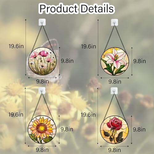 Stained Glass Window Hanging 4 Pcs Set Lily Rose Sunflower Poppy 9.8" (4-piece Red and Blue Set / 9.8x9.8 IN)
