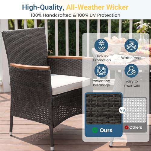 Rattan Patio Table and Chairs Set with Acacia Wood Tabletop (Grey-beige / 5-Pieces)