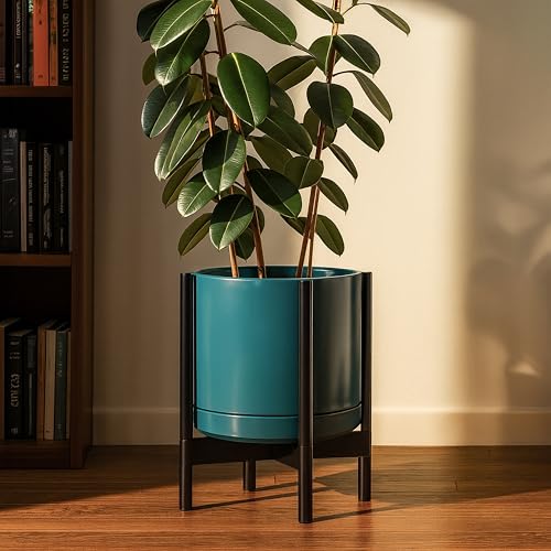 Ceramic Pot with Ebony Wood Stand (14 Inch / Teal Pot + Ebony Stand)