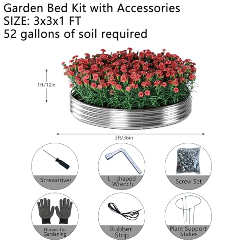 Galvanized Metal Planter Round Raised Garden Bed Kit for Gardening Outdoor (Silver / 3x3x1FT（2pcs）)