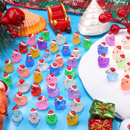 120Pcs Luminous Christmas Mini Resin Duck 14 Colors Glow in The Dark Small Duck Figurines for Miniature Christmas Decor Aquarium Ornament Dollhouse Decoration DIY Slime Craft Kit Birthday Party Favors (120pcs-christmas Ducks)