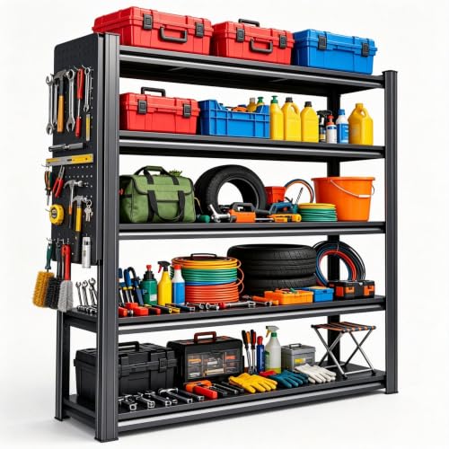 Garage Shelving Unit 5 Tier Metal Rack with Pegboard and 20 Hooks (PB-5 Tier-72‘’H)