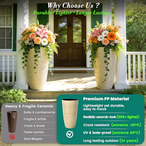 AUTODAYA 23.5" Tall Planters for Outdoor Plants (23.5"h-ivory Stripes Texture)