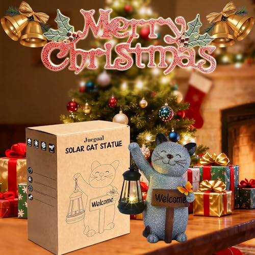 Garden Statue Solar Cat Figurine with LED Lantern