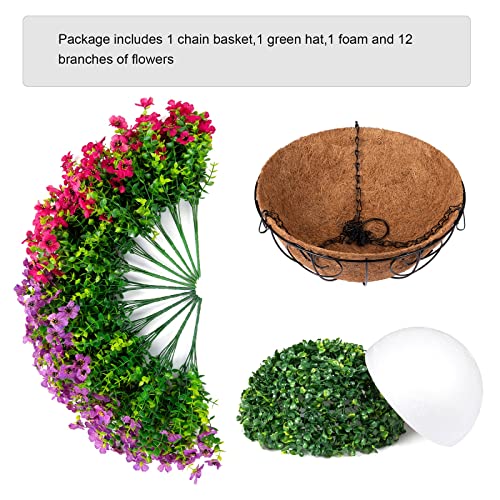 Artificial Faux Hanging Plants Flowers Basket for Spring Summer Outdoor Outside Decoration (Purple Pink)