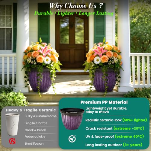 15" Large Planters for Outdoor Plants Set of 2 Plastic Flower Pots (15"-gradient Purple)
