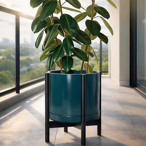 Ceramic Pot with Ebony Wood Stand (14 Inch / Teal Pot + Ebony Stand)