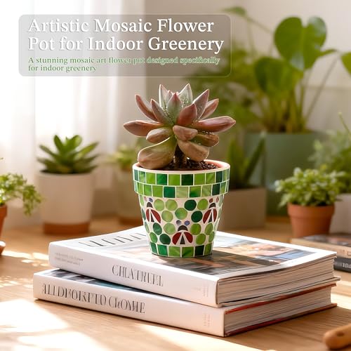 Mosaic Terracotta Flower Pot with Ladybug Design (Green)