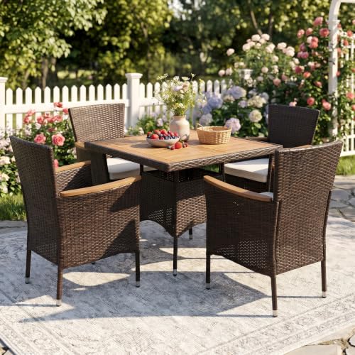 Rattan Patio Table and Chairs Set with Acacia Tabletop (Brown - Beige / 5-Pieces)