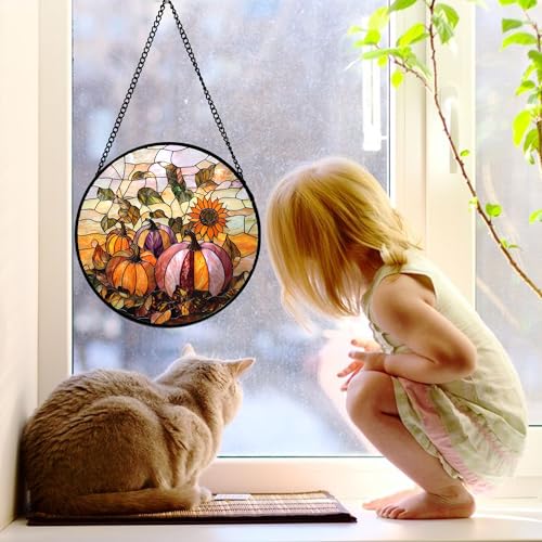 Fall Sunflowers Pumpkins Stained Glass Window Hanging Suncatcher Gifts 7.8" (Orange Pink / 7.8x7.8 IN)