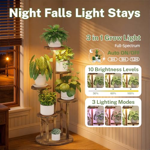 5 Tier Wood Plant Stand Indoor Corner with Grow Light (Pine Brown with Light / 5 Tiers)