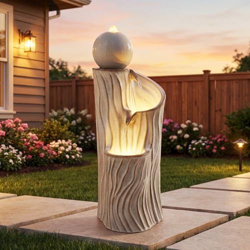 32"Ceramic 3 Tier Sphere Outdoor Water Fountain (Beige Glaze Wave Texture 32"h-sphere)