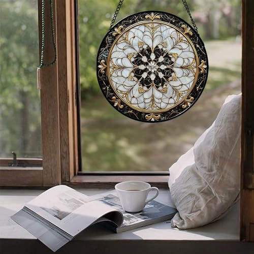 Black and White Mandala Stained Glass Window Hanging Suncatcher Gifts 6.3"