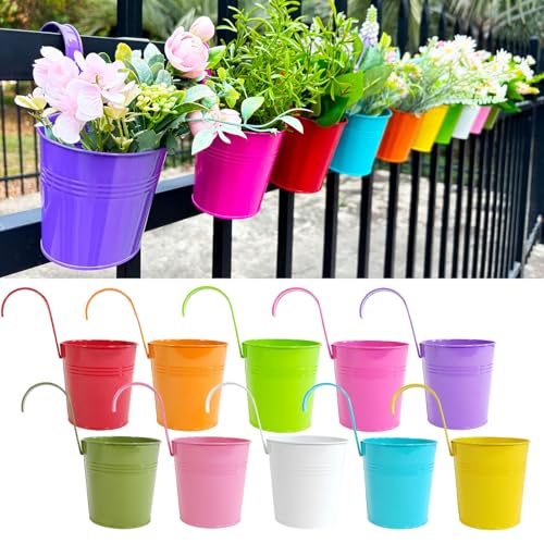 10 Pack 4" Galvanized Metal Railing Planters with Hooks (Round - 3.9 Inch)