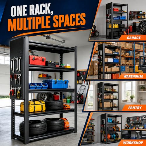 Garage Shelving Unit 5 Tier Metal Rack with Pegboard and 20 Hooks (PB-5 Tier-72‘’H)