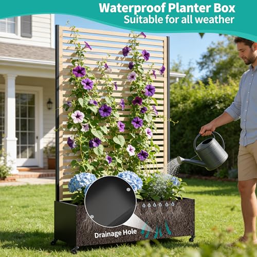 Metal Planter Box with Trellis Privacy Screen (Wood Grain / 73"x 47"x 16")