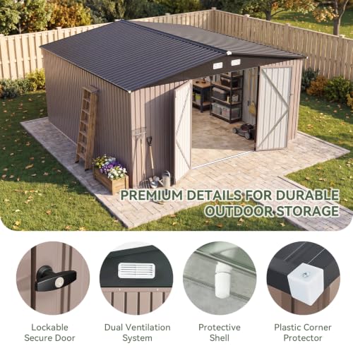 14x12 FT Outdoor Storage Shed with Lockable Double Doors (Brown / 14'x12')