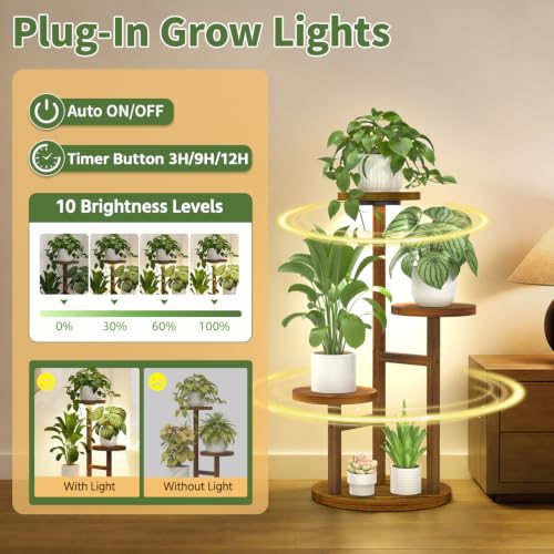 Wood Small Plant Stand Table Indoor Tall with Lights (Brown with Light / 3 Tier)