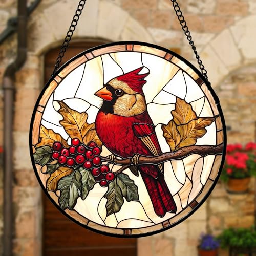 Festive Cardinal Berry Stained Glass Window Hanging Suncatcher Gifts 6.3"