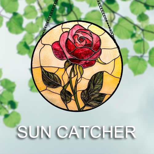 Stained Glass Window Hanging 4 Pcs Set Lily Rose Sunflower Poppy 6.3" (4-piece Red and Blue Set / 6.3x6.3 IN)