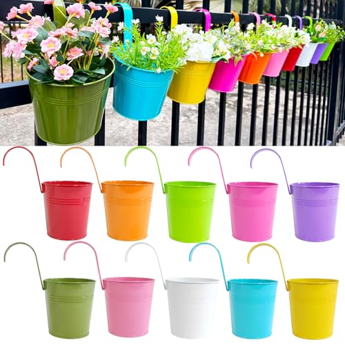 10 Pack 6" Colorful Metal Hanging Railing Planters with Detachable Hooks (Round - 5.9 Inch)