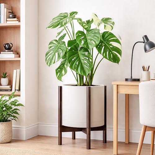 Plastic Pot with Walnut Wood Stand (Oatmeal Pot + Walnut Color Stand / 14 Inch)