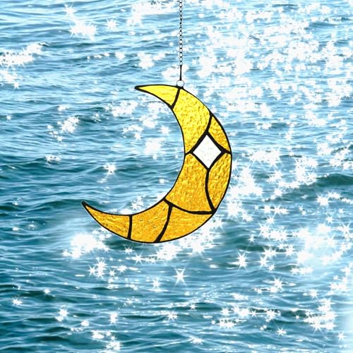 Yellow Moon Stained Glass Window Haninging Handcrafted Art Suncatchers (Yellow Moon)
