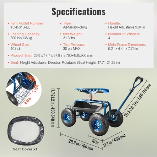 Garden Cart Rolling Workseat with Wheels