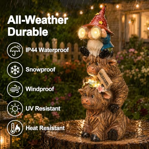 Solar Garden Gnome on Highland Cow Statue with Flower and Welcome Sign (Gnome Highland Cow)