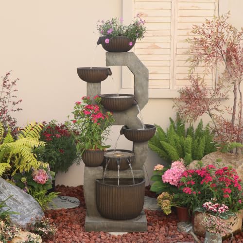 57'' H Tall Large Outdoor Water Fountain with Planter (Grey- 57 Inch)