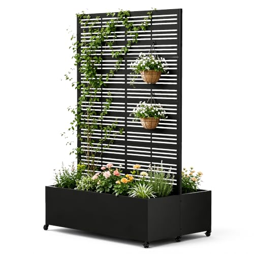 Double Metal Planter Box with Trellis Privacy Screen (Black line / 73"x 47"x 30")