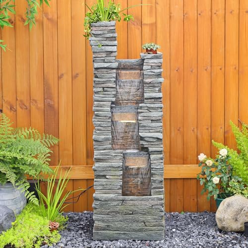 47 in High Water Fountain Outdoor Garden 3 Tier Cascading Large Outdoor Fountains and Waterfalls with LED Lights for Garden (Stone 47 Inch)