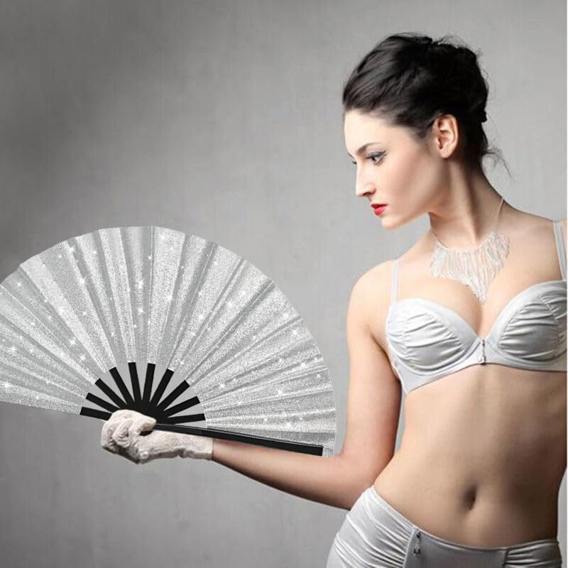 2 Pack Glitter Large Folding Hand Fans for Line Dancing (2 Silver)