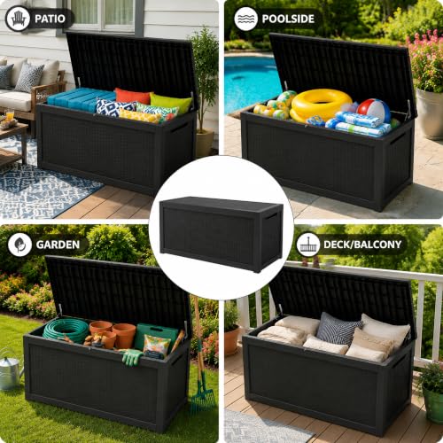 320 Gallon Outdoor Storage Box Resin Deck Box All Weather Waterproof Large Lockable Storage Container Deck Box for Patio Cushions (Black / 320 GAL NEW)