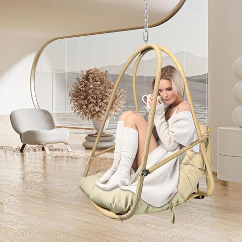 Swing Egg Chair with Stand Foldable Wicker Frame UV Resistant Waterproof Cushion Hanging Chairs with Cup Holder 350lbs Capacity Swing Hammock Chairs for Patio Bedroom Indoor Outside (Beige)