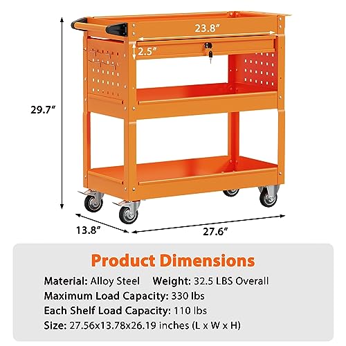 3 Tier Heavy Duty Rolling Tool Cart with Drawers (Orange)