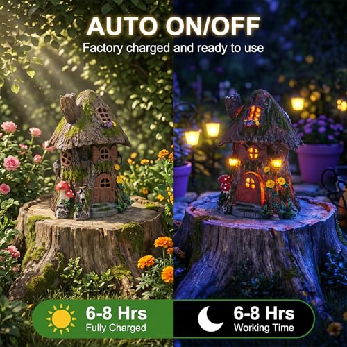 Solar Powered Mossy Tree House Sculpture with Doors (Mossy Treehouse)