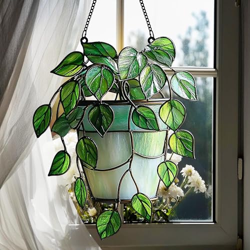 Monstera Garden Acrylic Suncatcher Plant Lover Gift Faux Stained Glass Window Hanging Garden Home Decor Gift for Mom (1-fba-lh-evg-j19-h / 5")