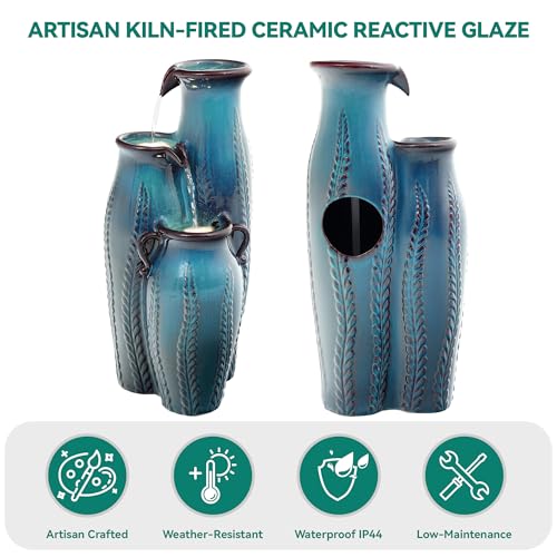 30" Ceramic Vase Water Fountain Outdoor with LED Lights (Turquoise Cascading Vase 29.5"h)