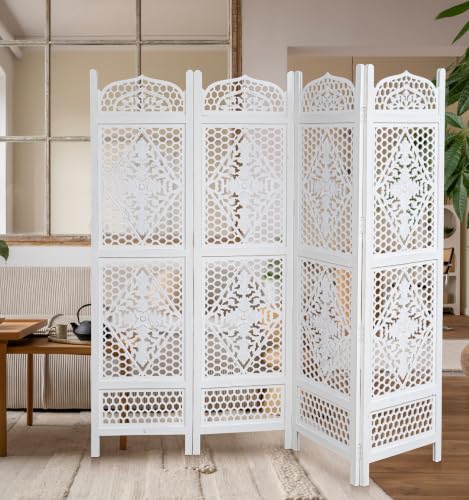 Room Divider Wooden Foldable Hand Carved Screens Panel_80" Wx72 H_4Panel (Antique White / 80"W x 72"H - Minar)