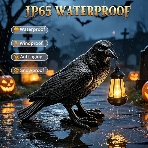 Halloween Crow Solar Garden Statue Outdoor Figurine Halloween Decoration (Black - Crow With Lantern)