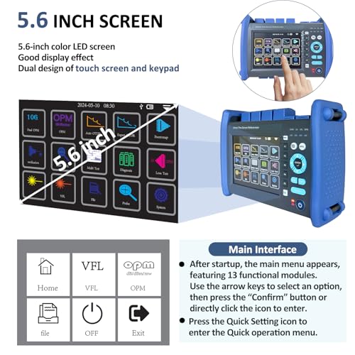 12-in-1 OTDR Optical Fiber Tester 1310/1550/1625nm,37/36/37db,5.6' Touch Screen,Integrat ing Automatic OTDR, Expert OTDR, Event Map, 10G Dual OPM,Optical Power Meter, End StateCheck (SJ Blue and Black)