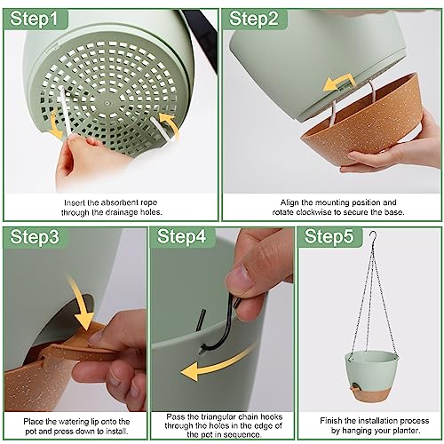 10/9/8 Inch Hanging Planter for Indoor Outdoor Plants, 3 Pack Self-Watering Hanging Pot with Drainage Holes Hanging Planter Baskets Plant Pots with Removable Tray (Green+Brown) (3 Count)