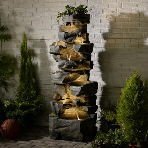 58" H Cascading Realistic Rock Outdoor Water Fountain with 7 Tiers (58H / Gray-3071)